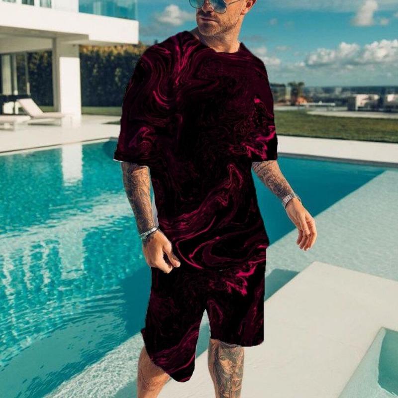 Casual round Neck Sports Suit for Men Printed Leisure Active Wear Short Sleeve Loose Fit Youthful Style Spring Summer Collection