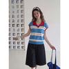 Korean small fresh contrasting color striped Polo collar top women's summer design sense embroidered age-reducing small fly-sleeved knitted sweater