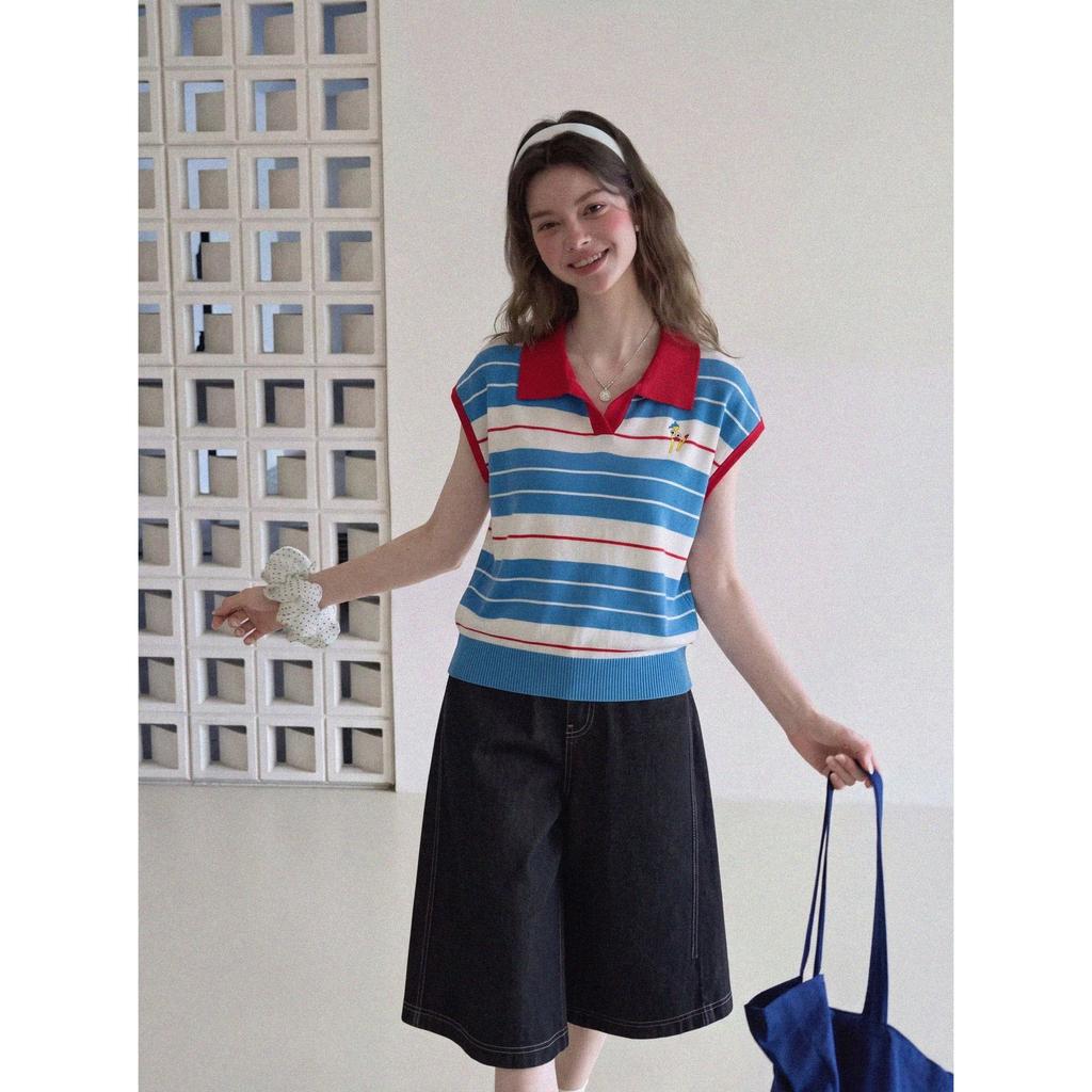 Korean small fresh contrasting color striped Polo collar top women's summer design sense embroidered age-reducing small fly-sleeved knitted sweater