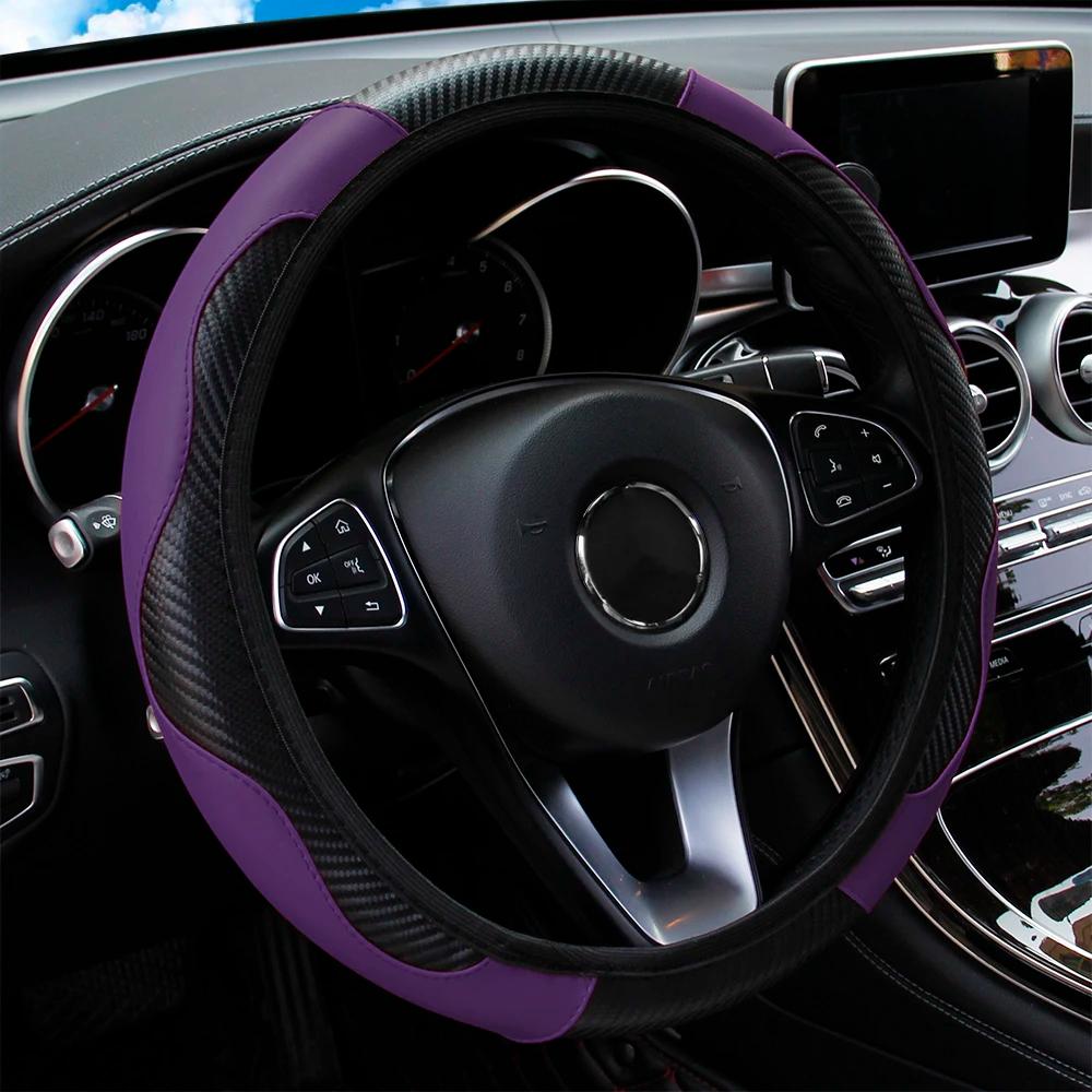 Car Steering Wheel Cover Breathable Anti Slip PU Leather Steering Covers Suitable 38cm Auto Decoration Carbon Fiber