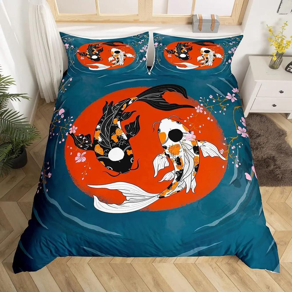 Lucky Koi Bettbezug-Set Traditionelle Tuschekunst Tagesdecke Lotusblatt Natur Bettbezug Dreiteiliger Kissenbezug