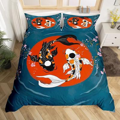 Lucky Koi Quilt Cover Set Traditional Ink Art Bedspread Lotus Leaf Natural Quilt Cover Three-Piece Pillowcase