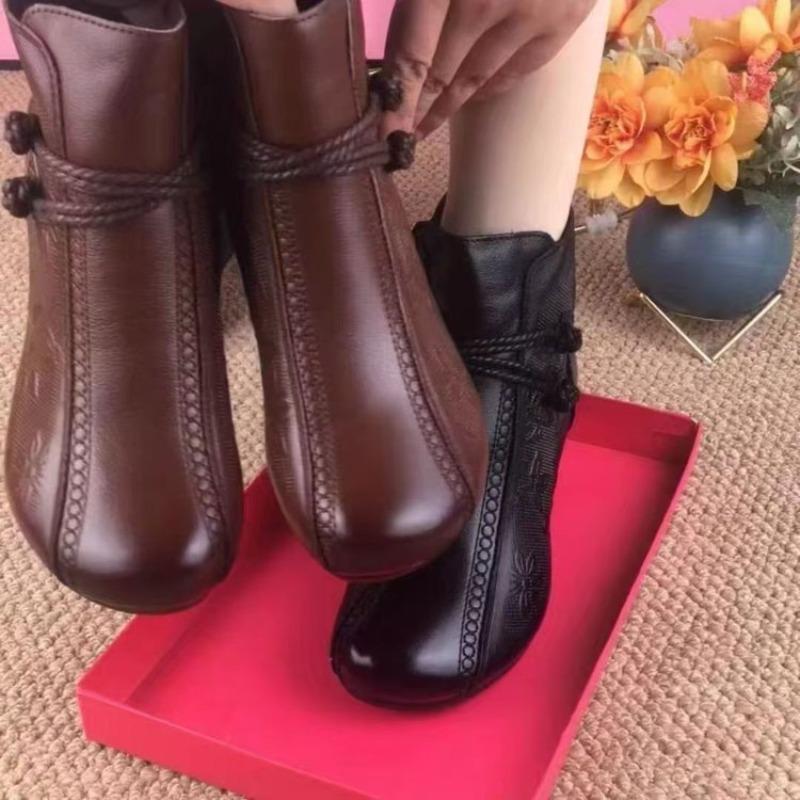 Retro Weiche Leder Stiefeletten, Baumwollstiefel, Damen Herbst- und Winter Einzelstiefel, Schuhe mit runder Spitze