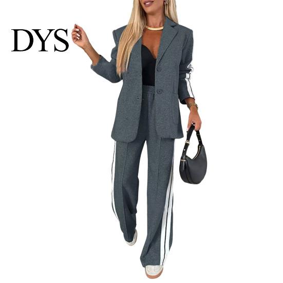 Women Coat Pants Suit 2 Pcs/Set Lady Formal Set Turn-down Collar Single-breasted Long Sleeves Button Decor Trousers Jacket Loose Striped Wide
