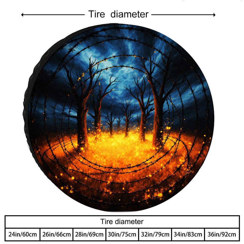 Tire Cover | Dark And Twisted Scene Pattern, Polyester Material, Tree And Fire Swirl Design, Scratch-Resistant And Wear-Resistan