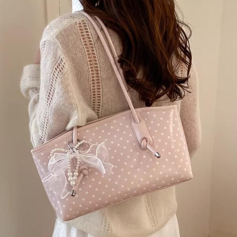 Korean Style Polka Dot Shoulder Bag For Women Elegant Underarm Bag With Pearl Bow Decor Large Capacity Daily Commuter Handbag
