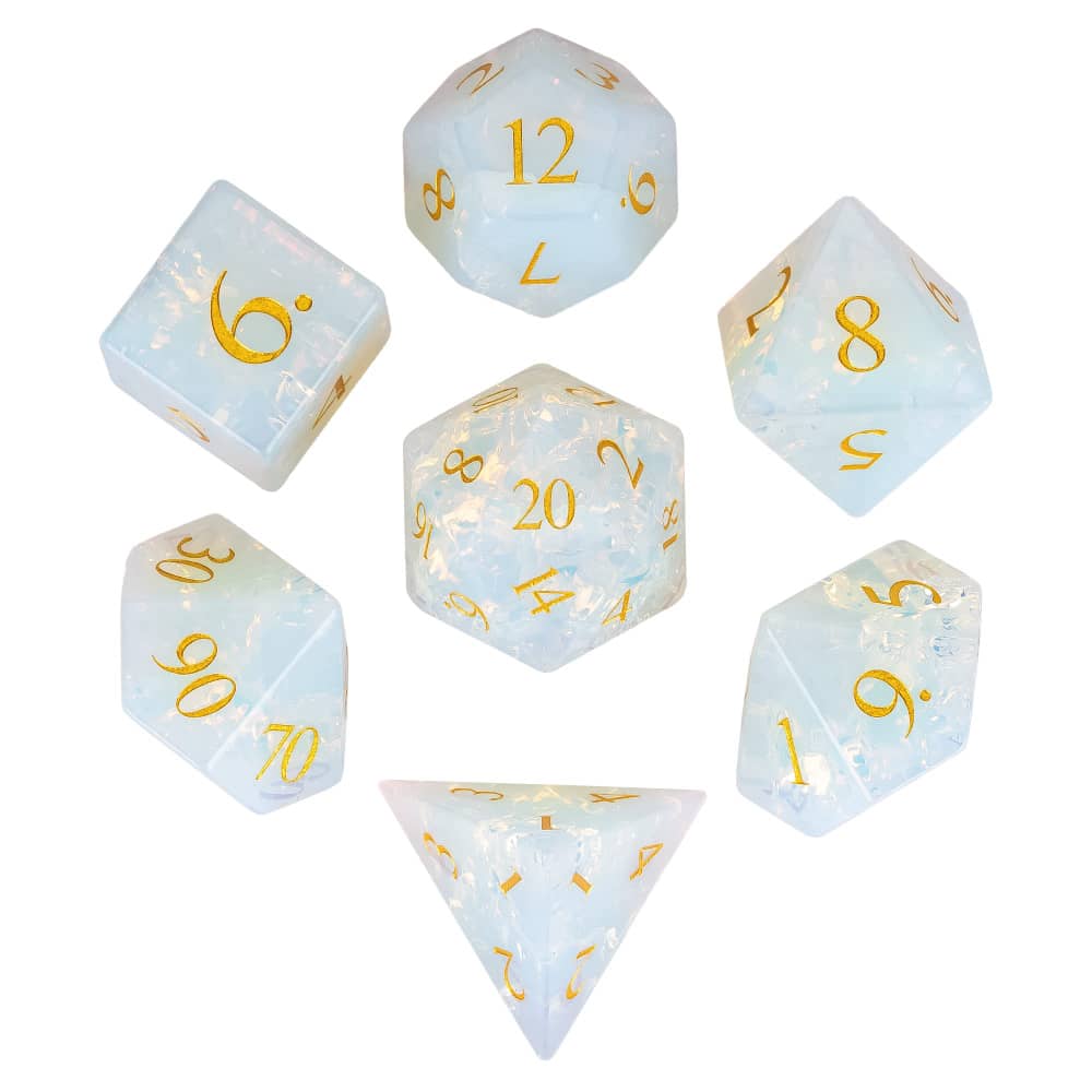 Cusdie Cat's Eye Stone DND Dice Handmade D4-D20 Polyhedral Gemstone Dice Set with Leather Box for Tabletop RPG Collection