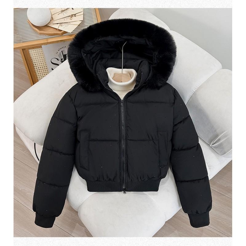 Womens Short Puffer Coat With Faux Fur Collar Warm Thickened Cotton Jacket Korean Style Slim Fit Winter Outerwear