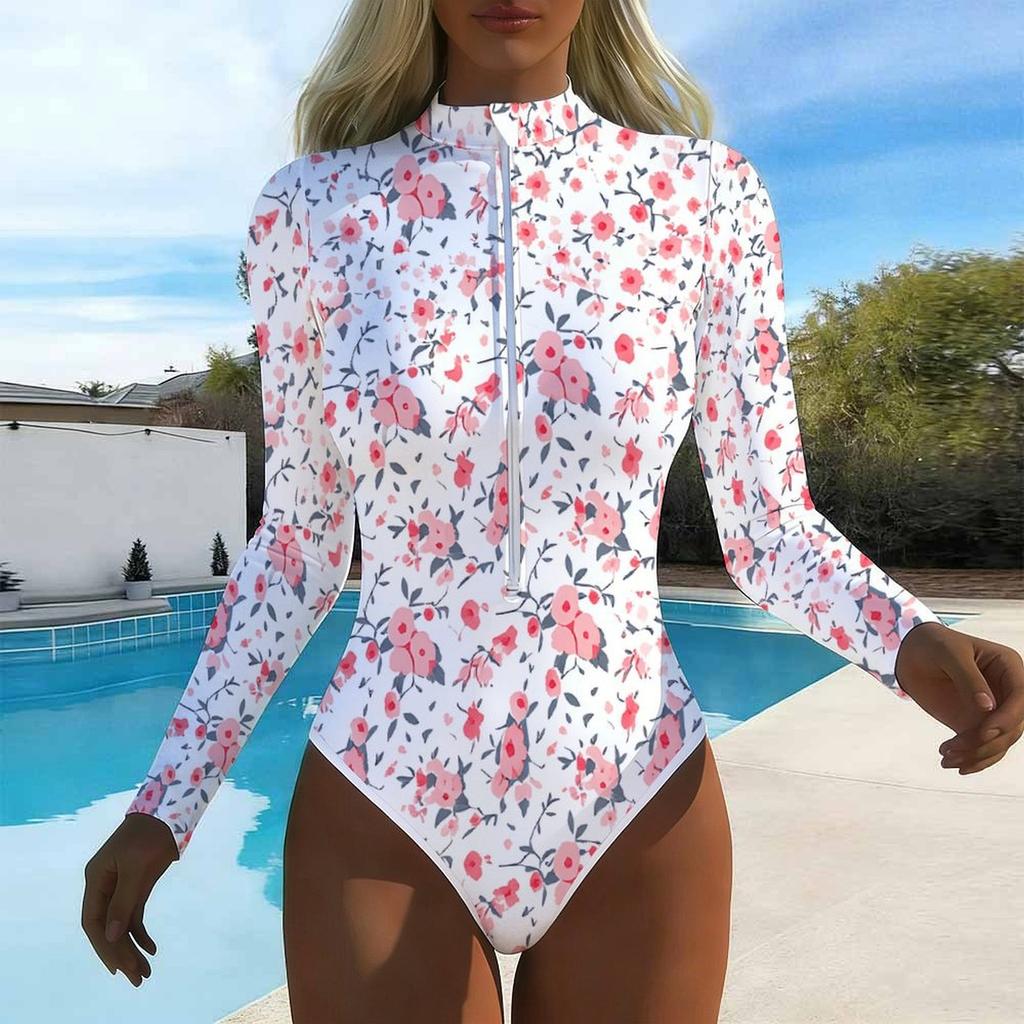 Women Long Sleeve One Piece Swimsuit Zip Front Tropical Flowers Print Rash Guard Surfing Bathing Suit