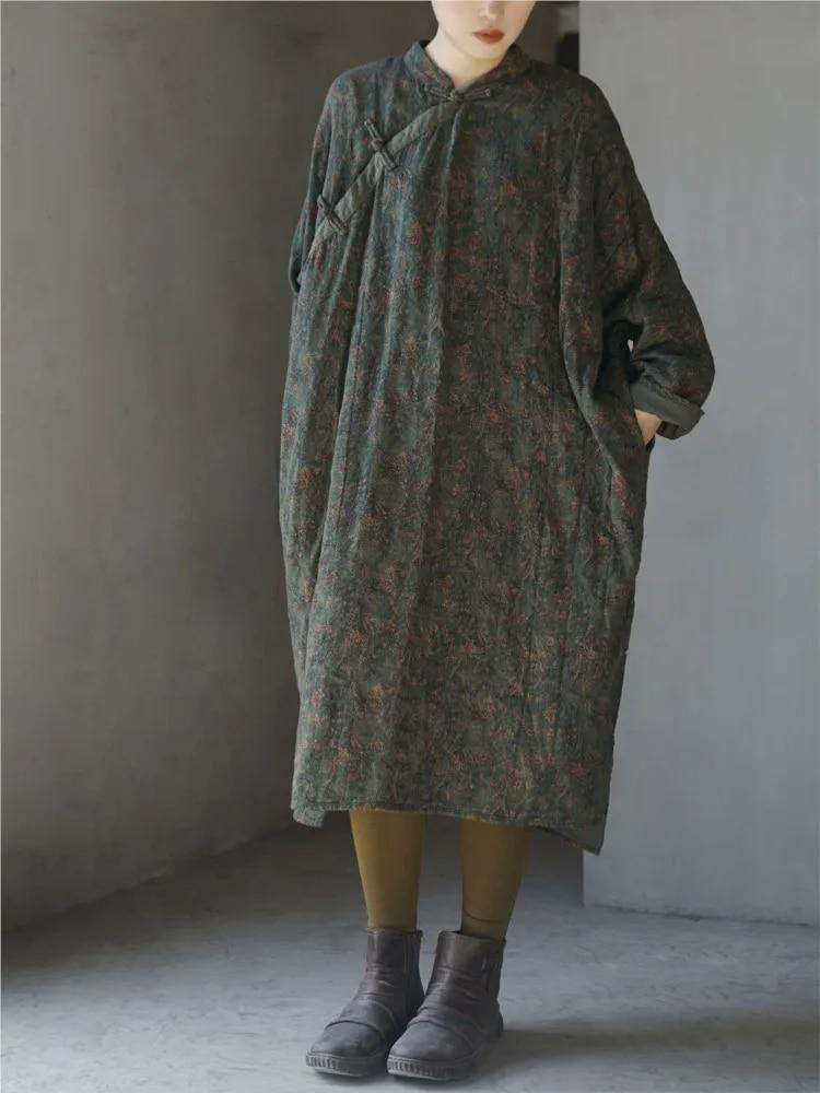 Johnature Women Vintage Print Floral Dresses Stand Long Sleeve Cotton Spring Chinese Style Robes Button Women Dress