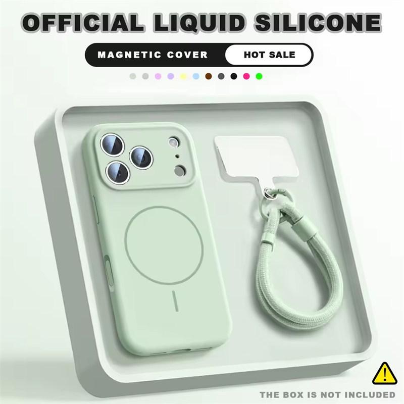 Magnetic Wrist Strap Liquid Silicone Phone Case For iPhone 12 13 16 17 Pro Max Air 15 14 16 Plus 16E Magsafe Lanyard Cover