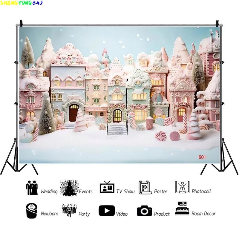 Vinyl Custom Christmas Tree Window Candy Photography Backdrop Wooden Doors Snowman Cinema Pine New Year Background Prop DT-01