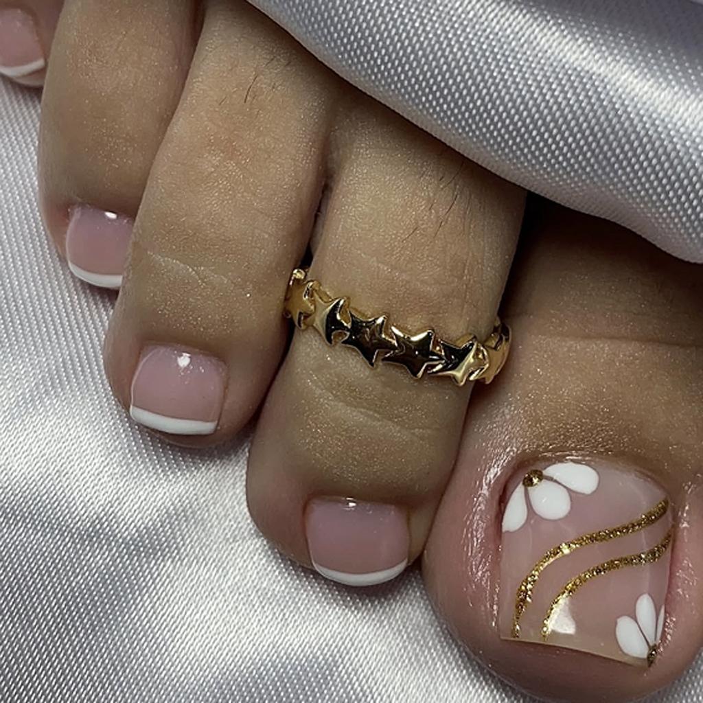24Pcs Short Square Fake Toenails White French Tip With Flower Design Full Cover Press On Nails