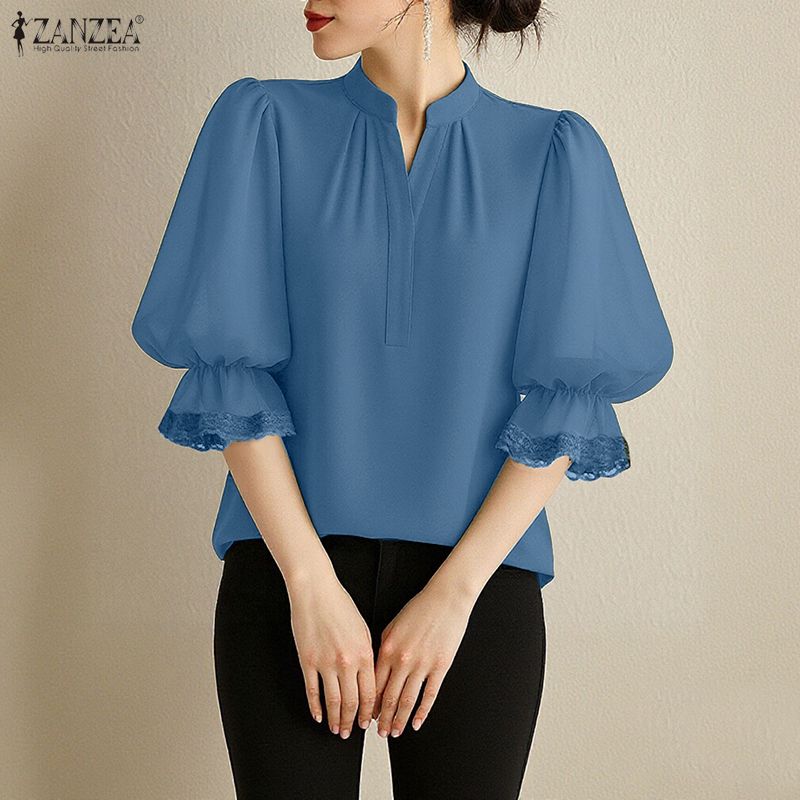 ZANZEA Women Casual V-neck Solid Color 3/4 Sleeve Loose Blouse