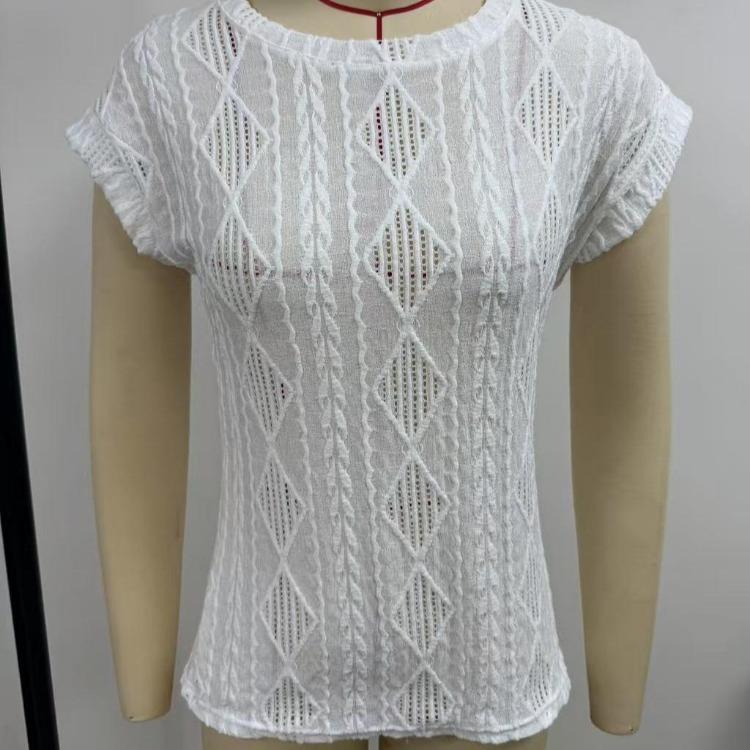Women's Casual Jacquard Round Neck Short Sleeve Loose T-shirt Summer New Fashion