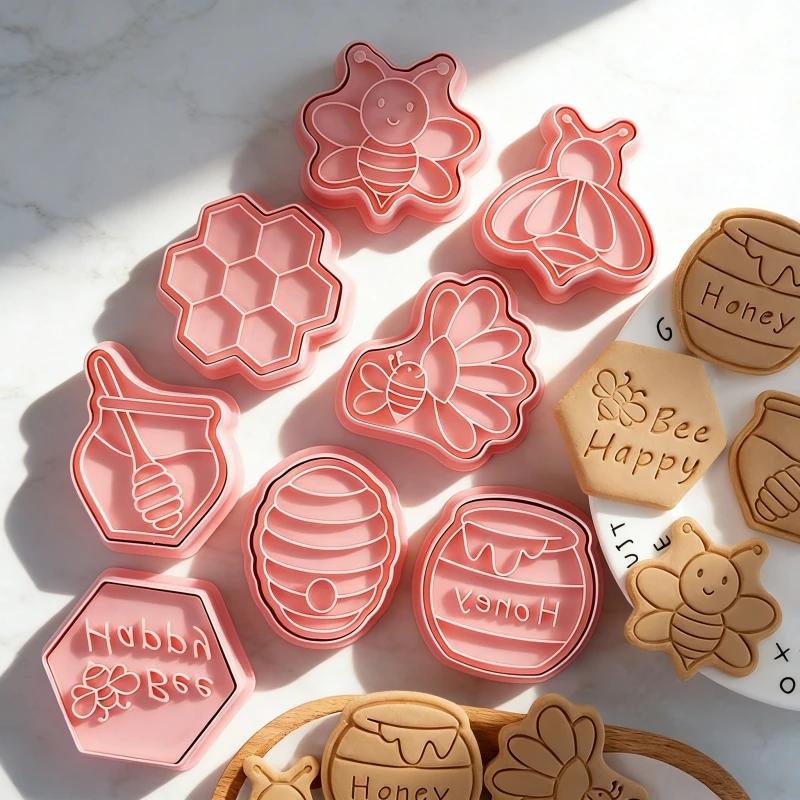 3D Bee Cartoon Cookie Cutters 8Pcs Plastic DIY Baking Mould Fondant Biscuit Cutter Set Home Kitchen Pastry Baking Tools Supplies