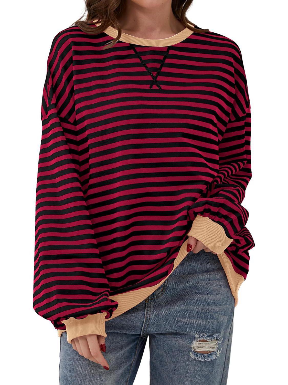 

2024 Осень/Зима Женская Повседневная Полосатая Толстовка - Свободный Крой S красный/чёрный