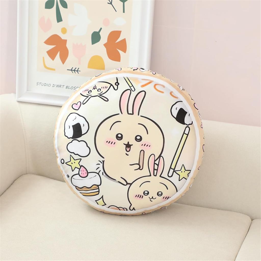 Soft, round plush pillow featuring a flaming hachiware rabbit and flying squirrel. Perfect for car, chair, or other use. Highly resilient, it's a