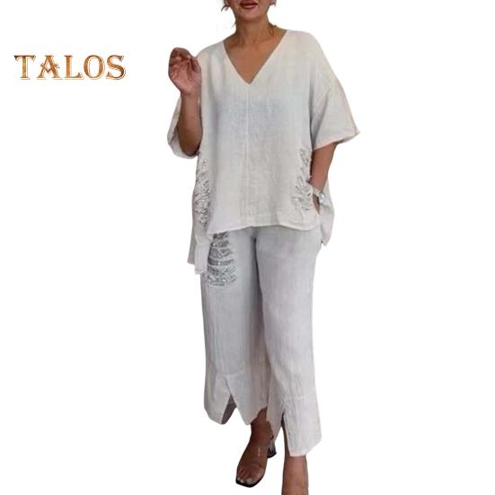 

Комплект из 2 предметов: футболка, брюки, комплект из 2 предметов, осенне-весенний женский, с короткими рукавами, V-образным вырезом, рваным верхом, эластичной талией, расшитыми пайетками, брюки для поездок на работу, спортивный брючный костюм L