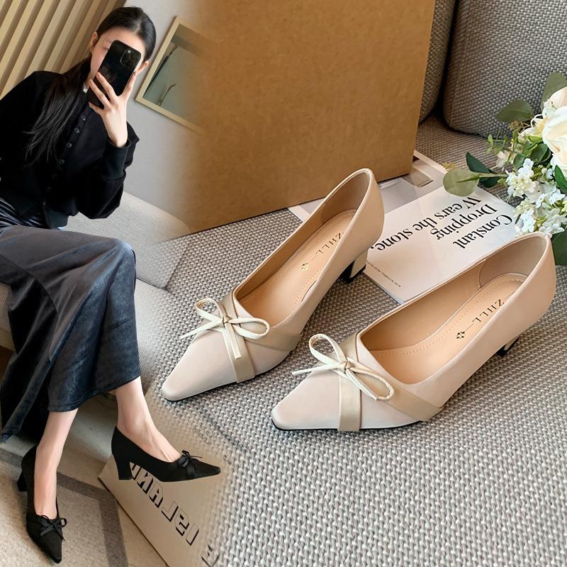 Fat Mm Temperament Black Bow Single Shoes Light Mouth Satin High Heels Plus Fat Wide Large Size Women's Shoes