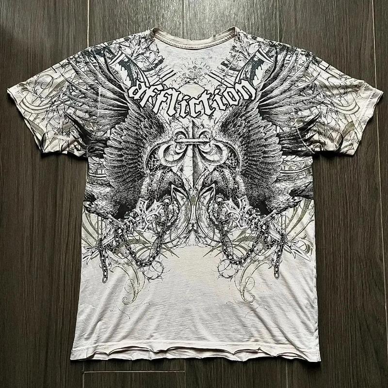 Y2K Red Gothic Thorn Totem Printing Harajuku Style T Shirt High Street Broken Feeling Mens Short Sleeves Couple Collocation