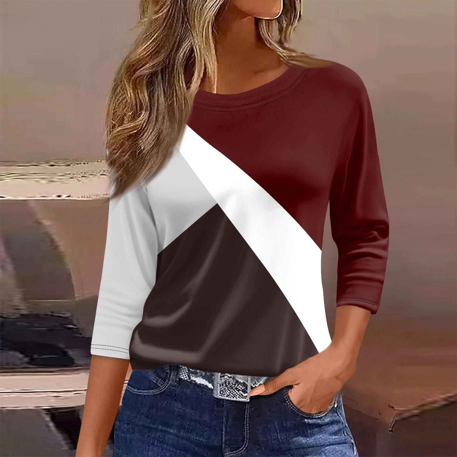 

Женская футболка, модная повседневная футболка с круглым вырезом и рукавом 3/4, свободная футболка с принтом, женская футболка S винный