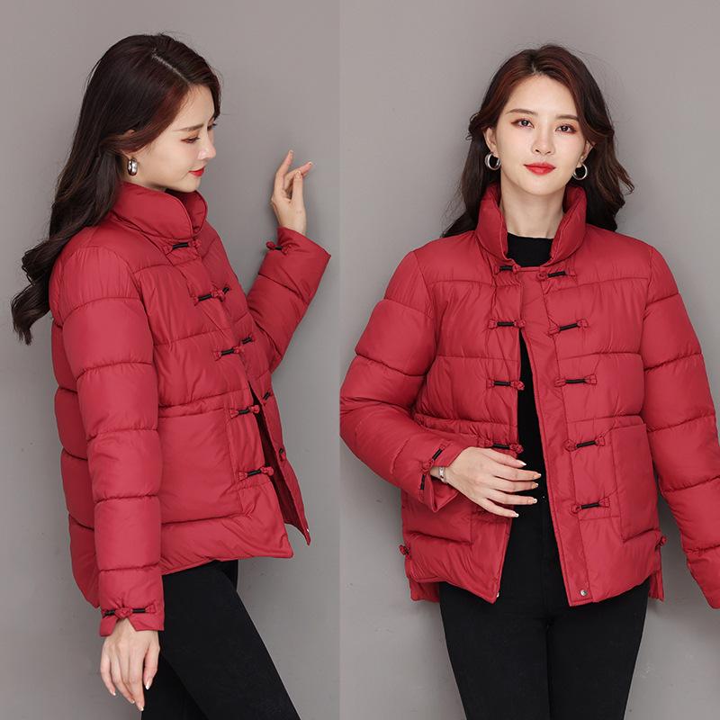 Retro literary stand-up collar buckle light thin down cotton jacket plus size women's loose thickened short cotton jacket