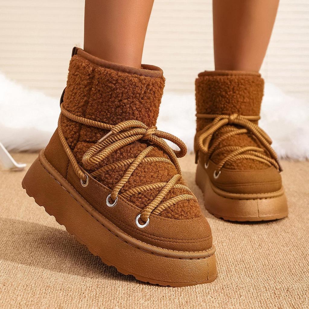 Women's Snow Boots 2025 New Winter Style: Fleece-Lined, Thickened, Height-Enhancing, Thick-Sole Cotton Boots with Lace-Up Design Warm Cotton Shoes