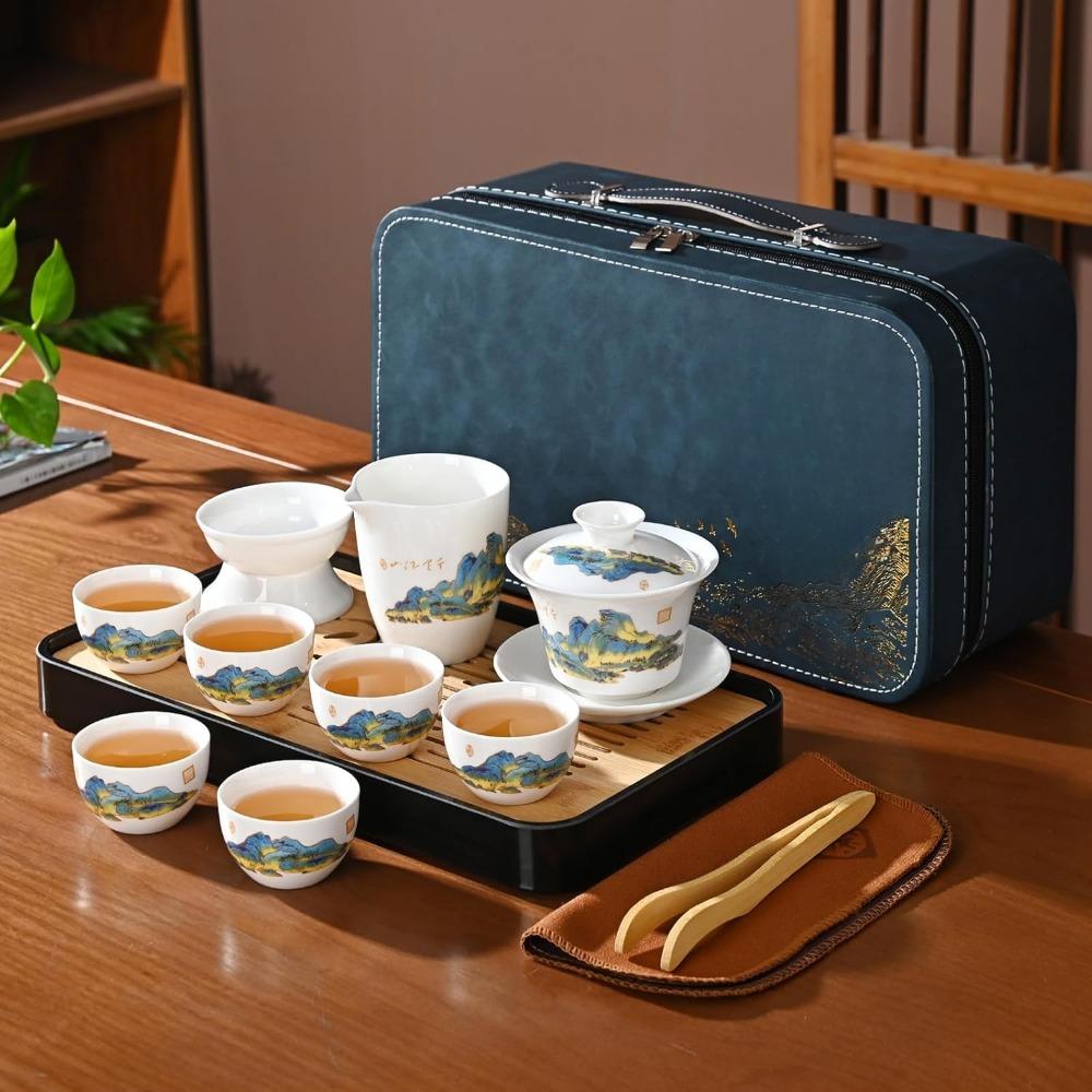 

Китайский чайный сервиз, белый нефритовый чайный сервиз, чайный сервиз в стиле кунг-фу, чайный сервиз в стиле кунг-фу, 6 чашек, переносной керамический чайный сервиз, большой