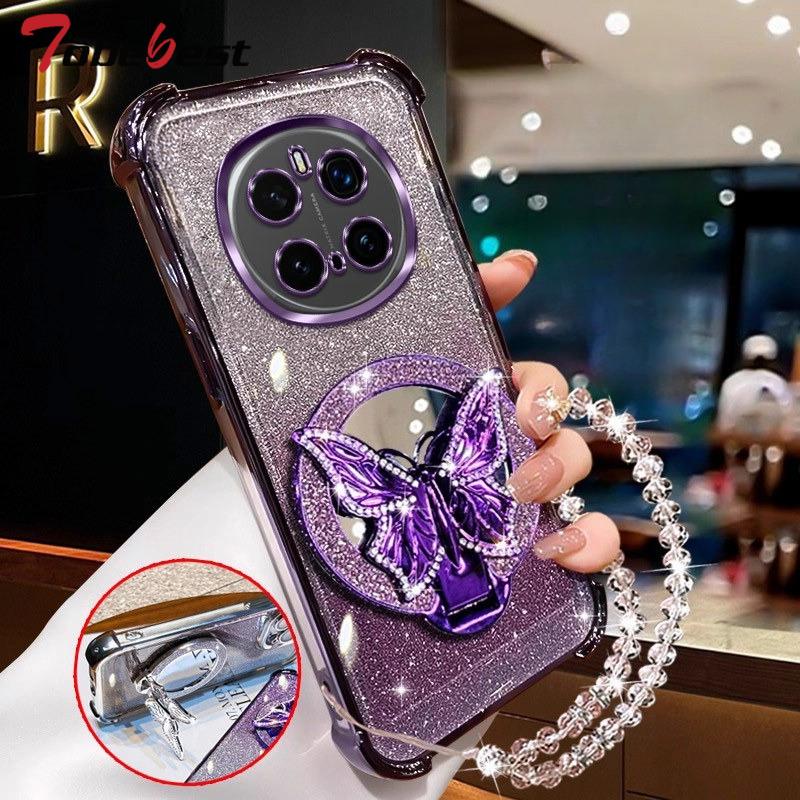 Glitter Butterfly Mirror Crystal Bracelet Case For Huawei Honor Magic 7 6 5 4 3 Pro Shockproof Plating Silicone Cover