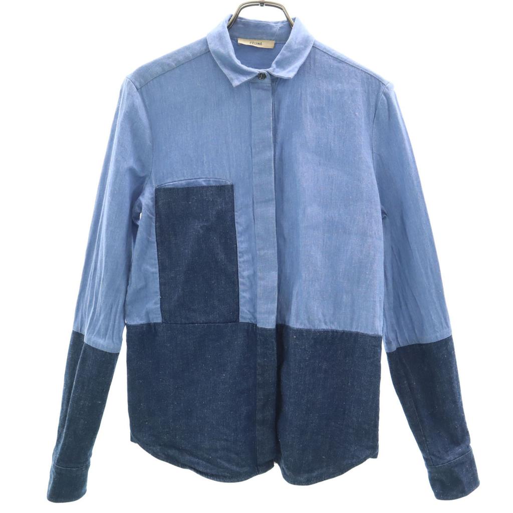 Celine Long Sleeve Two-tone Color Denim Shirt 36 Light Blue Women Used