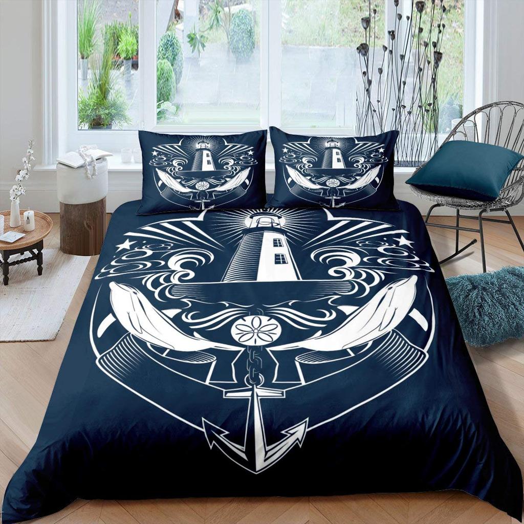 Nautical Anchor Duvet Cover Set Vintage Sail Boat Lighthouse Bedding Set Conch Starfish Seashell Ocean Wave Comforter Cover King