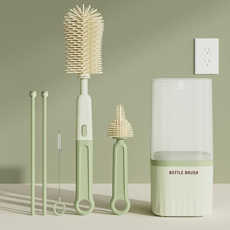 Baby Silicone Bottle Brush Portable Straight Handle Cleaning Tool Set 360° Rotating Drying Rack Combination Bottle Washing Brush