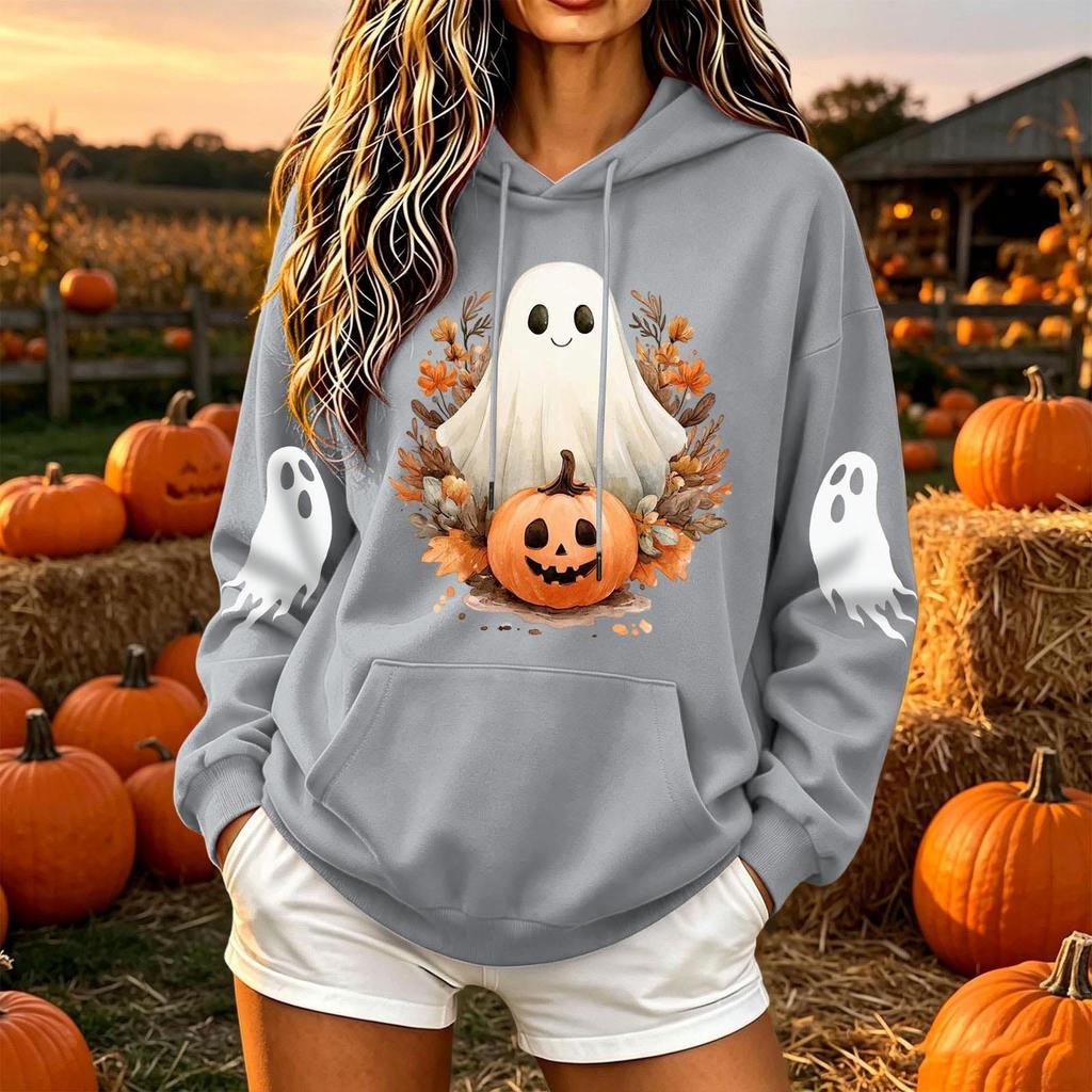Women's Casual Long Sleeve Loose Fit Pullover Hoodie with Halloween Print