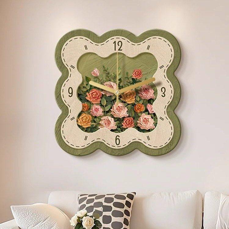 

French-style Chinese-style Restaurant Wall Clock Decorative Painting Rose Retro Living Room Creative Clock Dining Table Wall Clock Hanging Painting C - Retro Rose