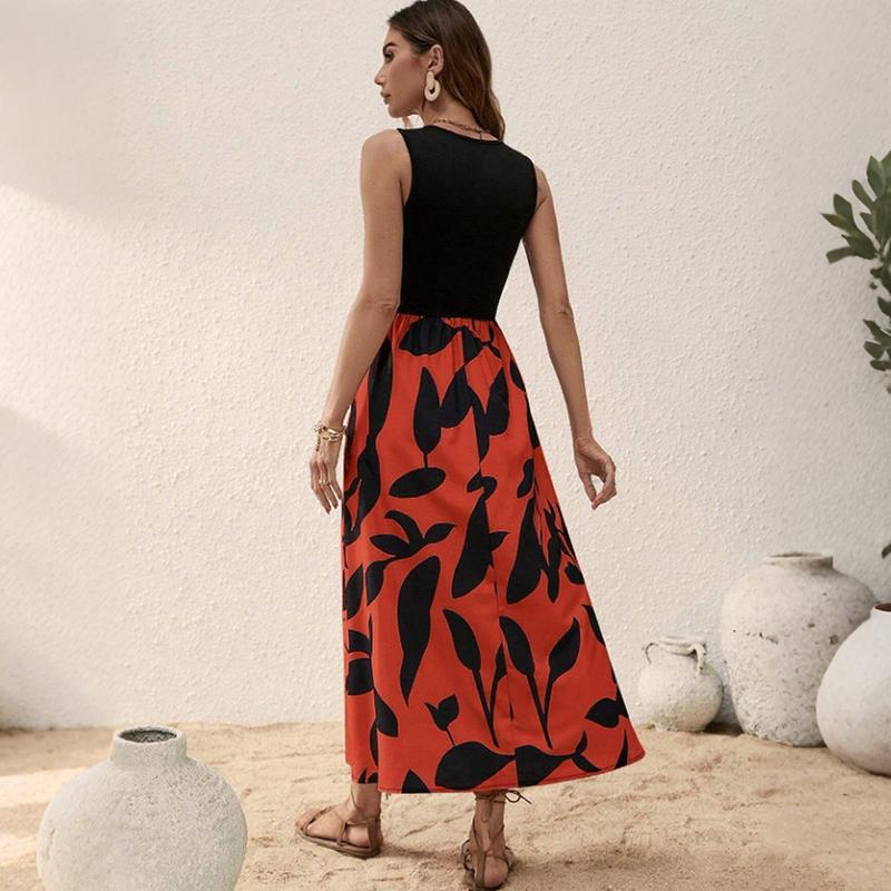 Women Summer Casual Sleeveless U Collar Leaves Printed Holiday Beach One Piece Dress