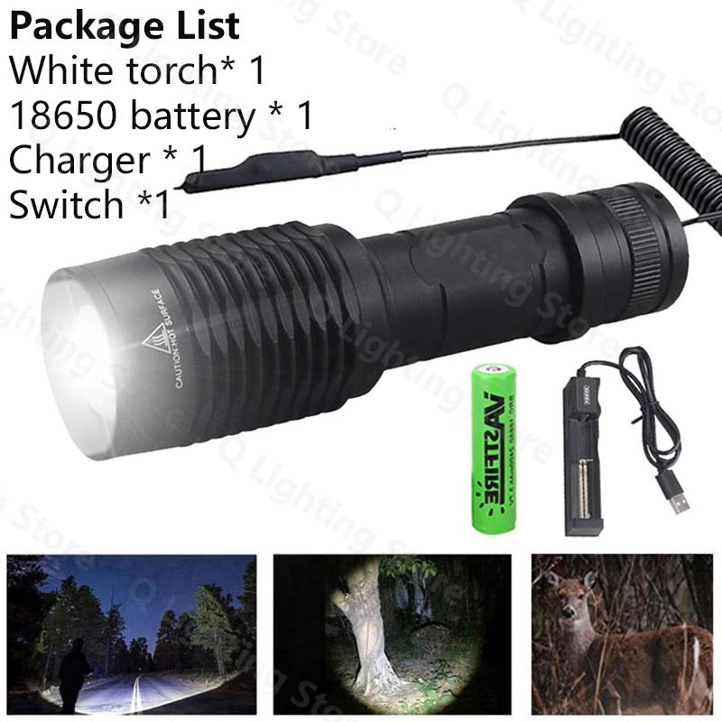 LED Tactical Hunting Torch Flashlight White/Red/Green Flashlight Waterproof Outdoor Lighting with Switch USB Rechargeable Lamp