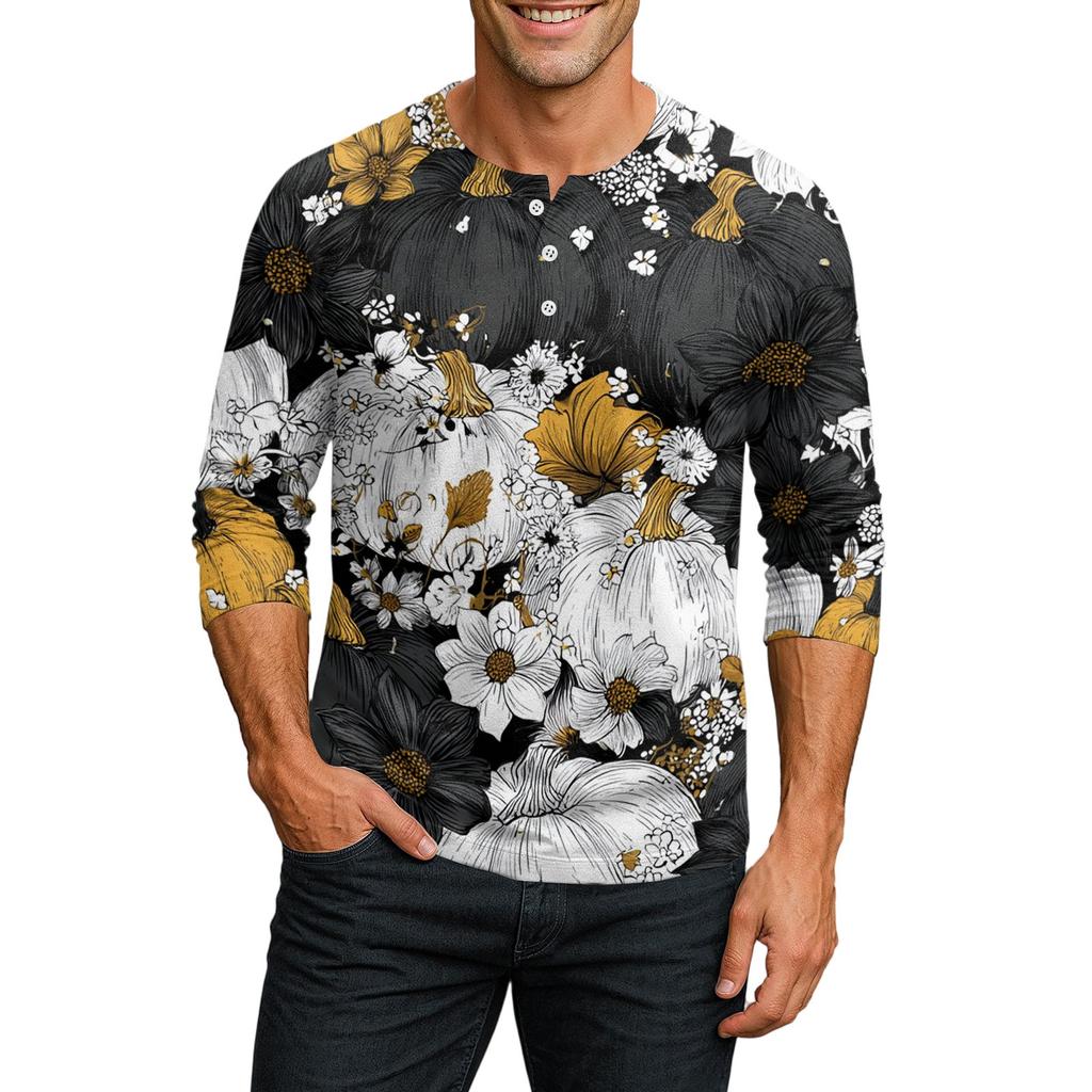 Men's Casual Halloween Print Henley Shirt Raglan Three Quarter Sleeve Top Comfortable Fit Lightweight Fabric