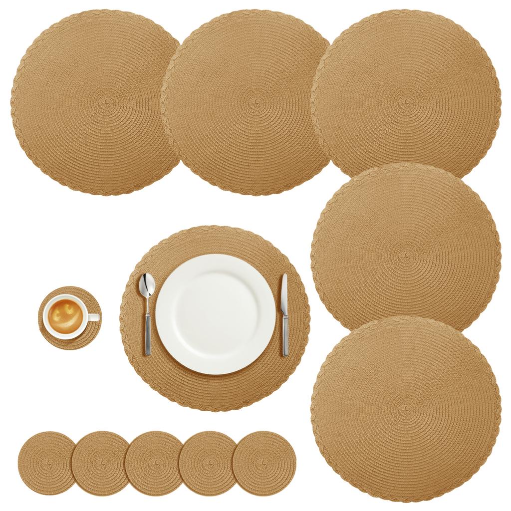 Set of 6 Round Braided Placemats Table Mats Woven Non-Slip Dining Table Heat Resistant Bowl Pads Kitchen Drink Cup Coasters