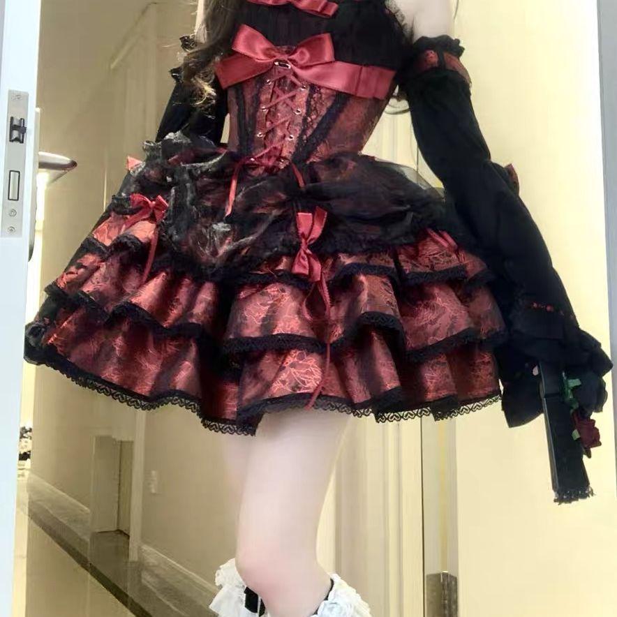 In-Stock Rose Butler Black & Red Strappy Lolita JSK Dress - Cute Two-Dimensional Sweet & Spicy Cosplay Outfit