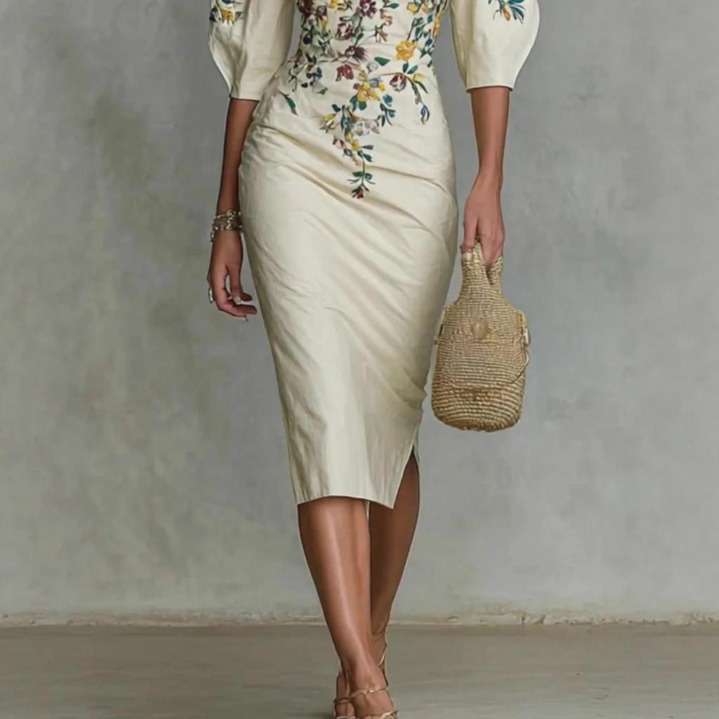 New Elegant Off-the-shoulder Half Sleeve Printed Slim Waist Midi Dress for Women, Cross-border Fashion for Europe America