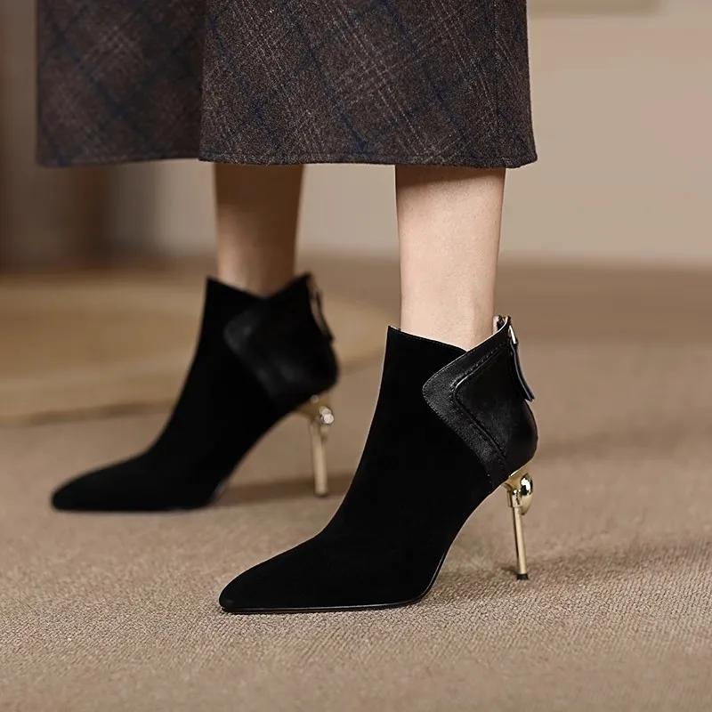 

2024 Autumn Pointy Ankle Boots Slim Heels Fashion Temperament Abrasive Leather Splicing High Heels Women s Shoes 34 чёрный