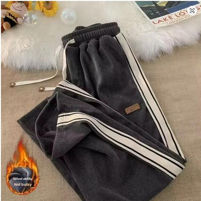 Autumn Winter Fleece-Lined Loose-Fit Straight-Leg Casual Trousers for Men and Boys Trendy Sports Casualtrousers High Street
