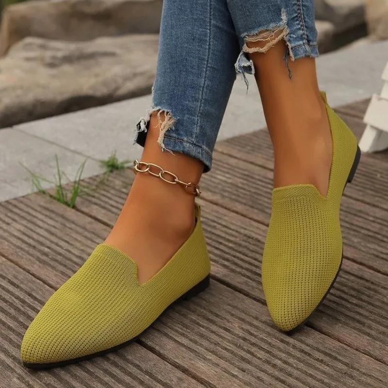 Women Solid Color Pointed Head Mesh Loafers Shallow Woman Flats Soft Bottom Knit Ballet Flats Shoes Casual Slip On Boat Shoes