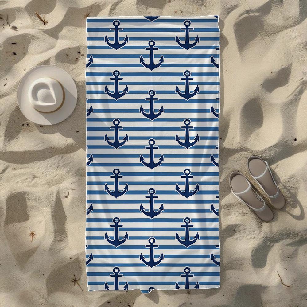 Sailboat & Anchor Stripe Pattern Beach Towel, Soft Quick-Drying, Perfect For Portable Outdoor Travel, Camping And Summer Beach