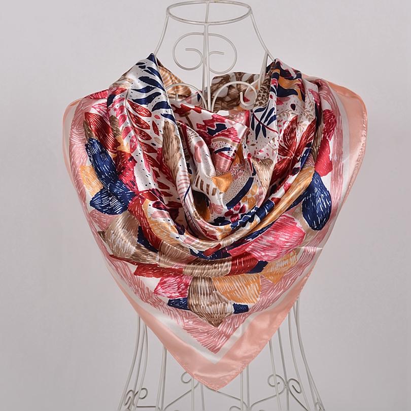 BYSIFA|Navy Blue Pink Silk Square Scarf Printed Women Brand Satin Scarves Shawls China Style Peach Blossom Design Head Scarf