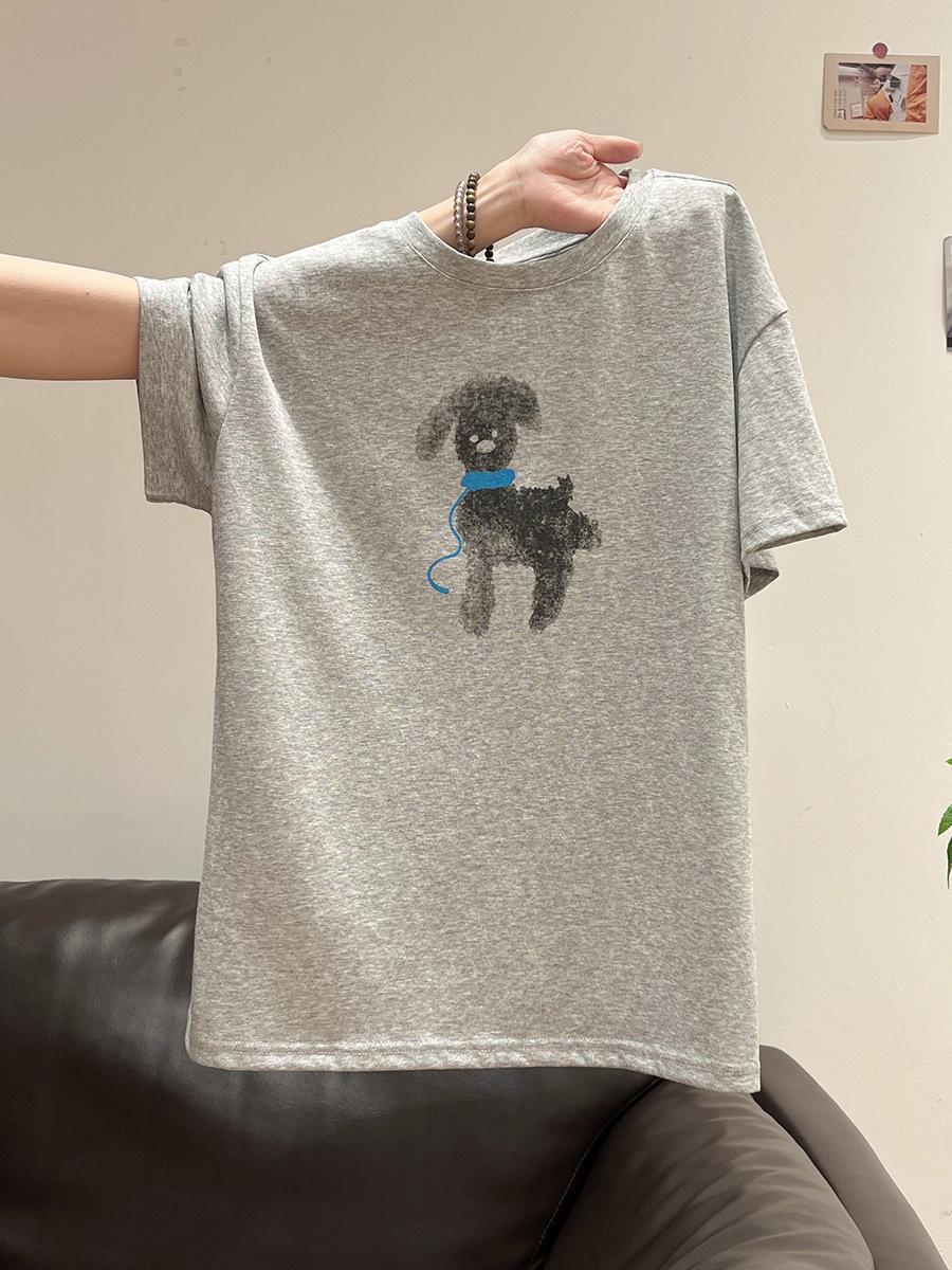

Printed cartoon puppy gray round neck front shoulder lazy wind thin short-sleeved T-shirt summer new simple versatile top XL