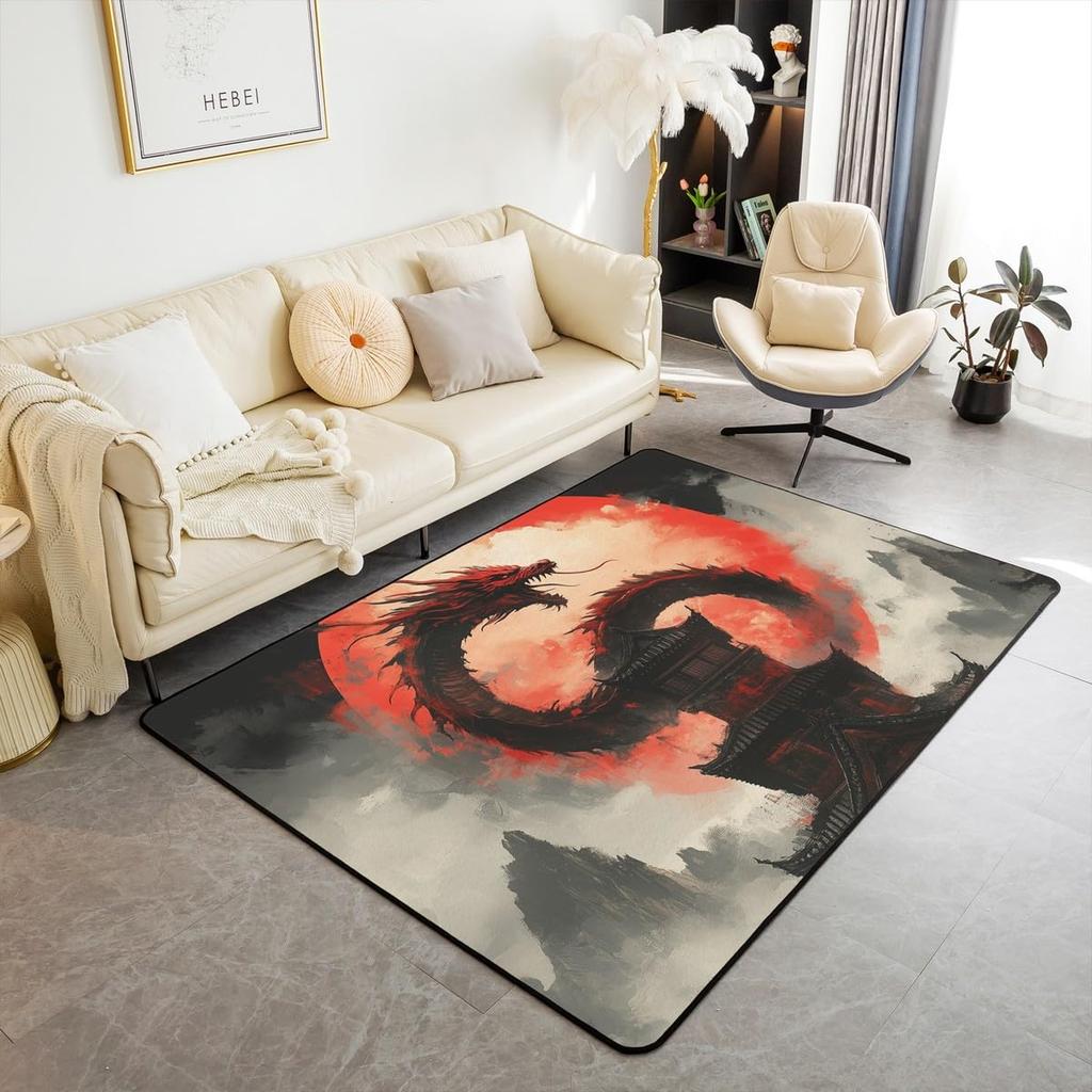 Stylish Black & White Dragon Rug, Non-Slip Floor Mat for Bedroom Living Room, Traditional Japanese Myth Decor Carpet for Home