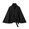 Women's Batwing Sleeve Wool Poncho Coat Stand Collar Cropped Cape Jacket with Belt Fall Winter
