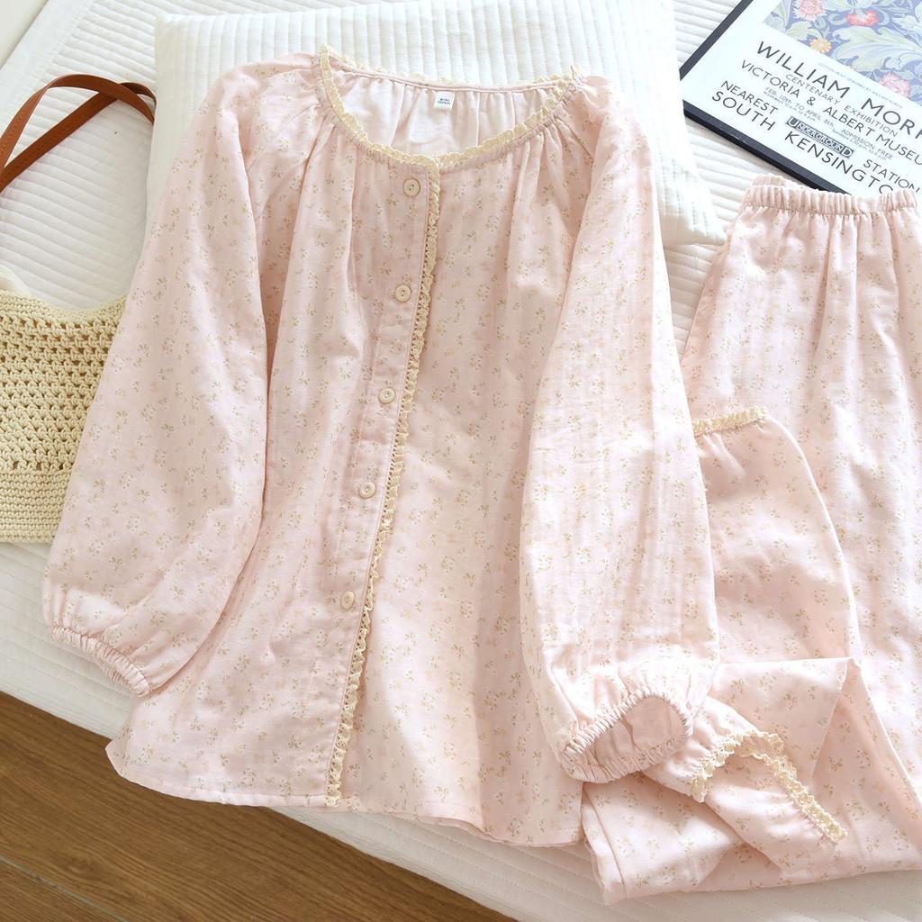 Women's Pajama Set Long Sleeved Pants Two Piece Set Women Sleepwear Floral Print Pajama Round Neck Pajamas